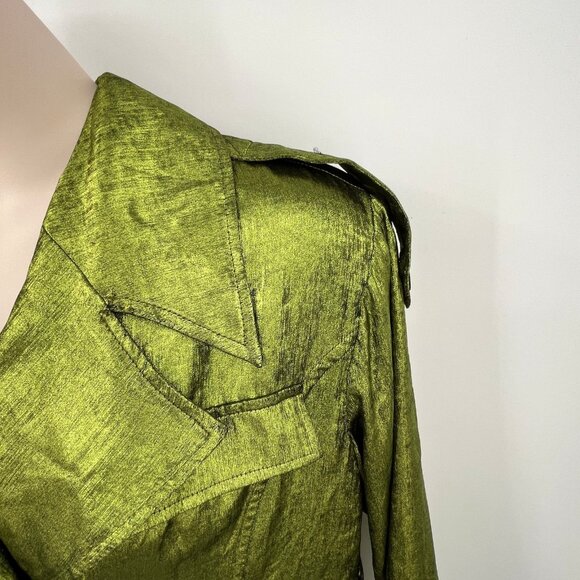 Avec Les Filles Trench Coat Size M Green Crinkle Satin Double Breasted-Flawed - Picture 7 of 15